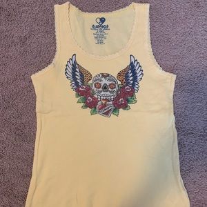 Lucky brand yellow graphic tank top; size